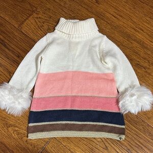 Striped Turtleneck Sweater Dress with Faux Fur Cuffs